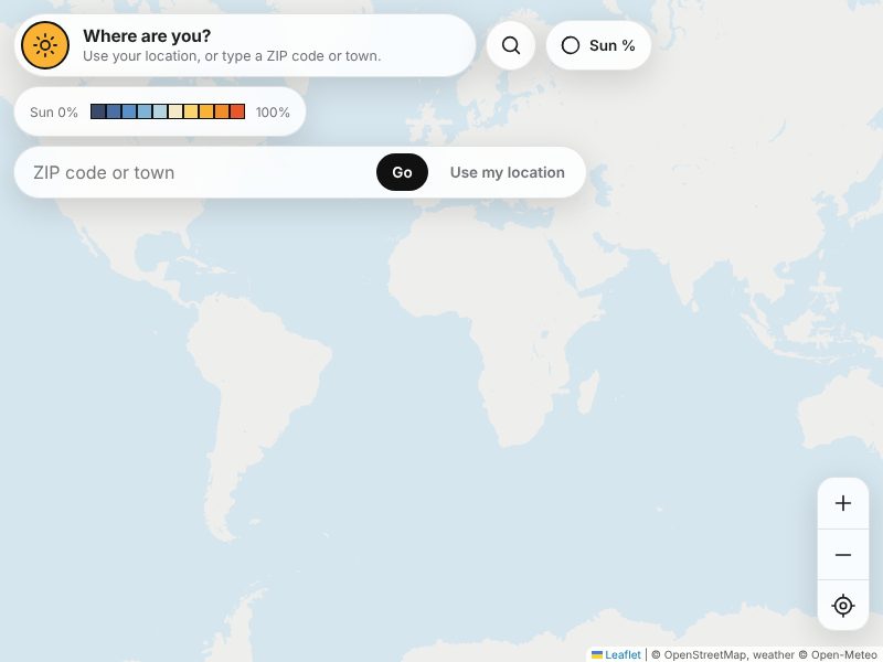 Sunseeker: a world map with a sun-percentage scale and a search for a ZIP code or town